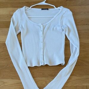 Brandy Melville Ivory/beige ribbed long-sleeve button-up top one size women's